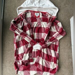 American Eagle Outfitters Red & Cream Plaid Hooded Flannel Shirt